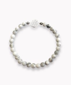 Kugelarmband Howlith weiß mit zarter Blume des Lebens