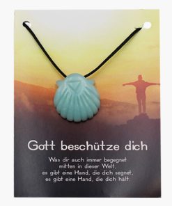 „Gott beschütze dich“ Jakobsmuschel Anhänger aus Amazonit auf großer Karte