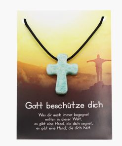 „Gott beschütze dich“ Amazonit Kreuz Anhänger auf grosser Karte