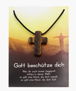„Gott beschütze dich“ Tigerauge Kreuz Anhänger auf grosser Karte