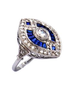 Saphir 1ct Diamant Ring im Art Deco Stil aus 18K Weißgold
