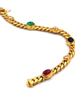 Panzerarmband in 18 K Gold mit 0.75ct Diamanten und Rubin Saphir Smaragd Cabochons
